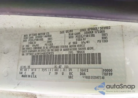 2001 Ford Econoline E150 Van z USA, uszkodzony, nr VIN 1FTRE14291HB52923